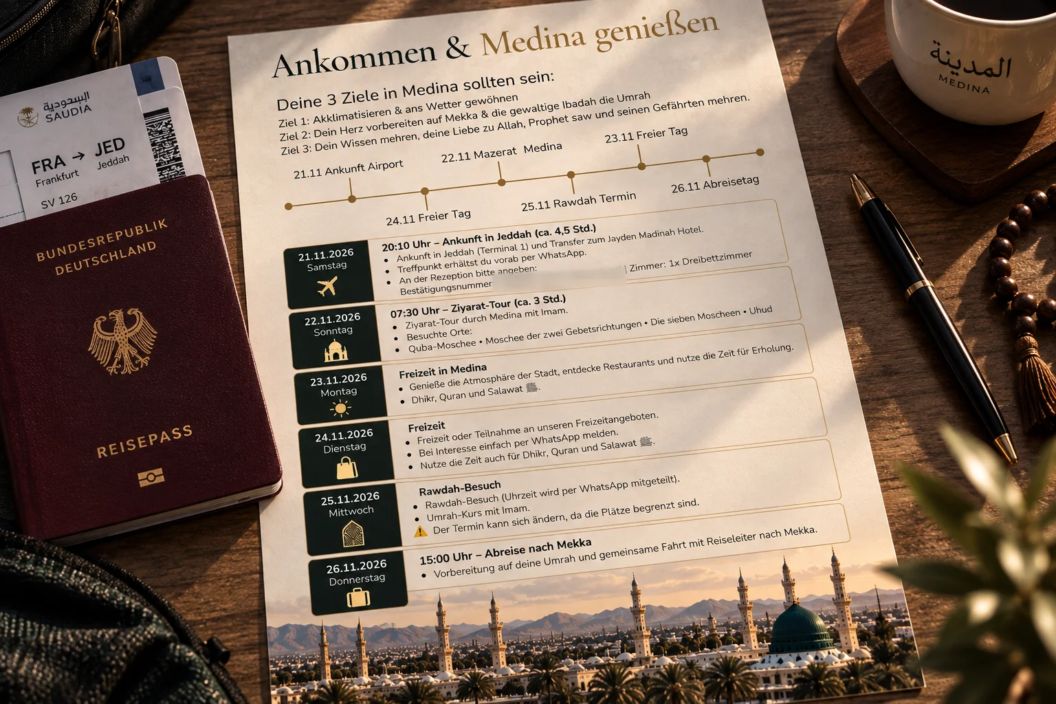 Reisepass, Bordkarte nach Jeddah und der fertige Tagesplan für Medina