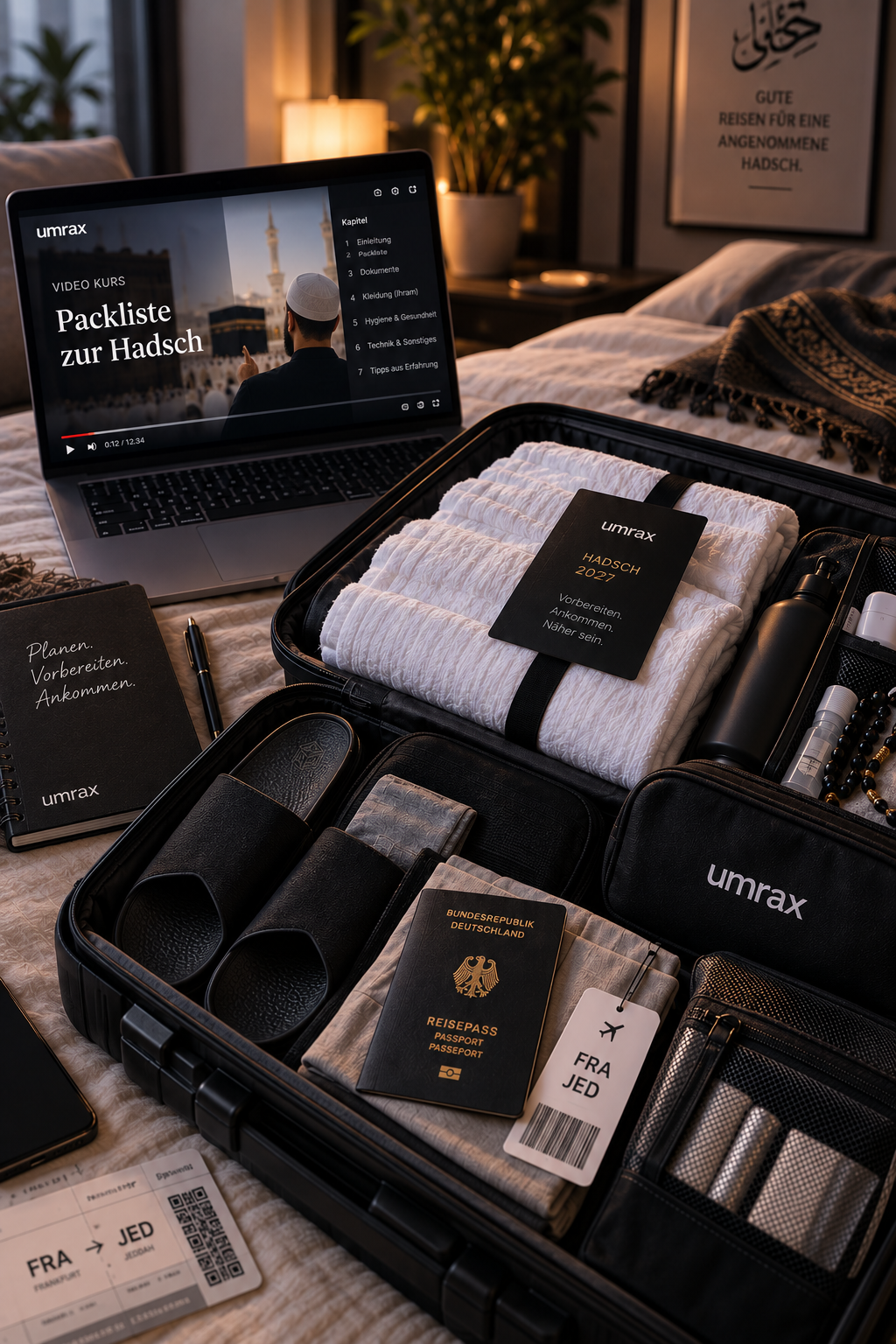 Gepackter Koffer mit Ihram, Reisepass und Packlisten-Videokurs