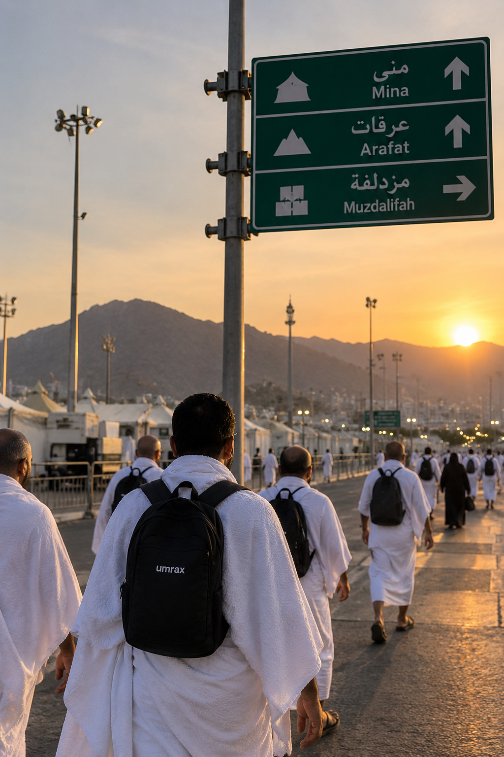 Wegweiser nach Mina, Arafat und Muzdalifah, Pilger auf dem Weg