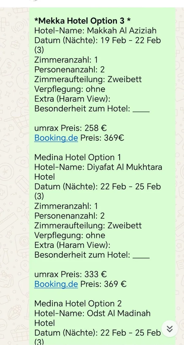 WhatsApp-Chat: Makkah Al Aziziah, 3 Nächte, 258 Euro bei umrax statt 369 Euro bei booking.de