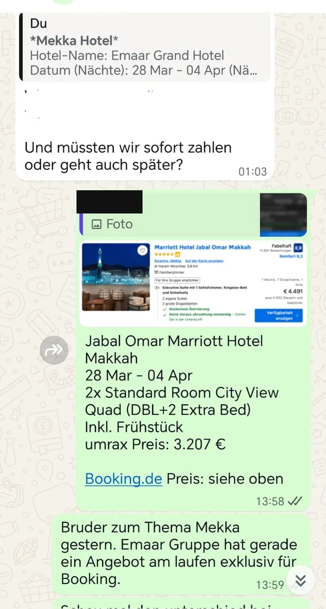 WhatsApp-Chat: Jabal Omar Marriott in Mekka für eine Familie, 28. März bis 4. April, 3.207 Euro bei umrax