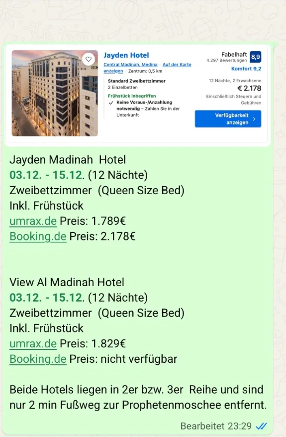 WhatsApp-Chat: Jayden Madinah Hotel, 12 Nächte, 1.789 Euro bei umrax statt 2.178 Euro bei booking.de