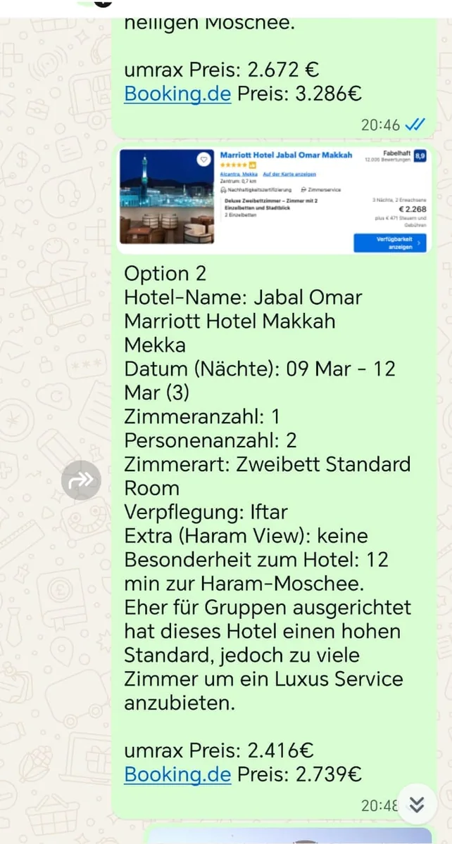 WhatsApp-Chat: Jabal Omar Marriott in Mekka, 3 Nächte, 2.416 Euro bei umrax statt 2.739 Euro bei booking.de