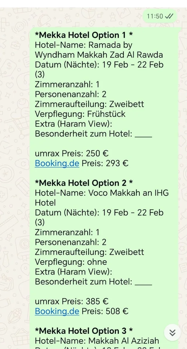 WhatsApp-Chat: Ramada by Wyndham Makkah, 3 Nächte, 250 Euro bei umrax statt 293 Euro bei booking.de