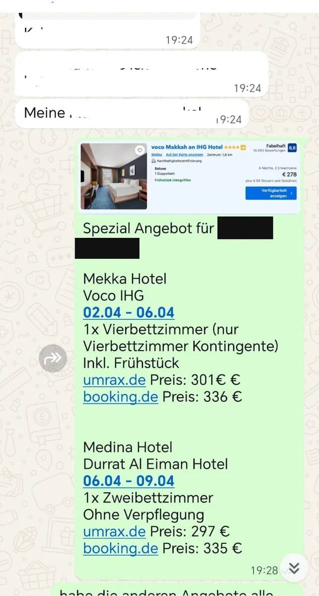 WhatsApp-Chat: voco Makkah an IHG Hotel, 4 Nächte, 301 Euro bei umrax statt 336 Euro bei booking.de
