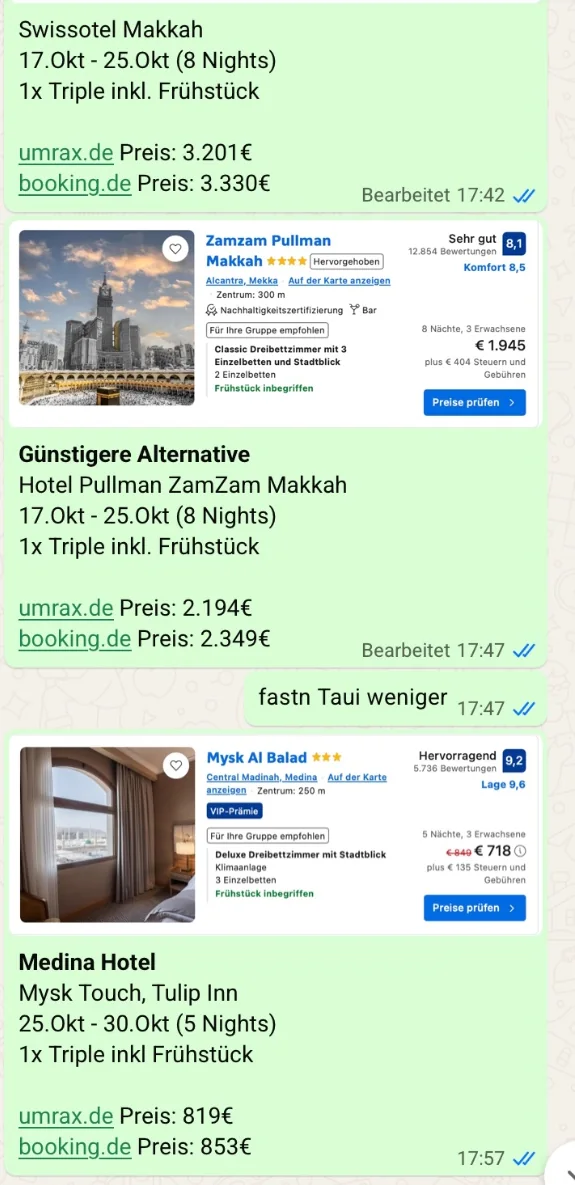 WhatsApp-Chat: Pullman ZamZam Makkah, 8 Nächte, 2.194 Euro bei umrax statt 2.349 Euro bei booking.de
