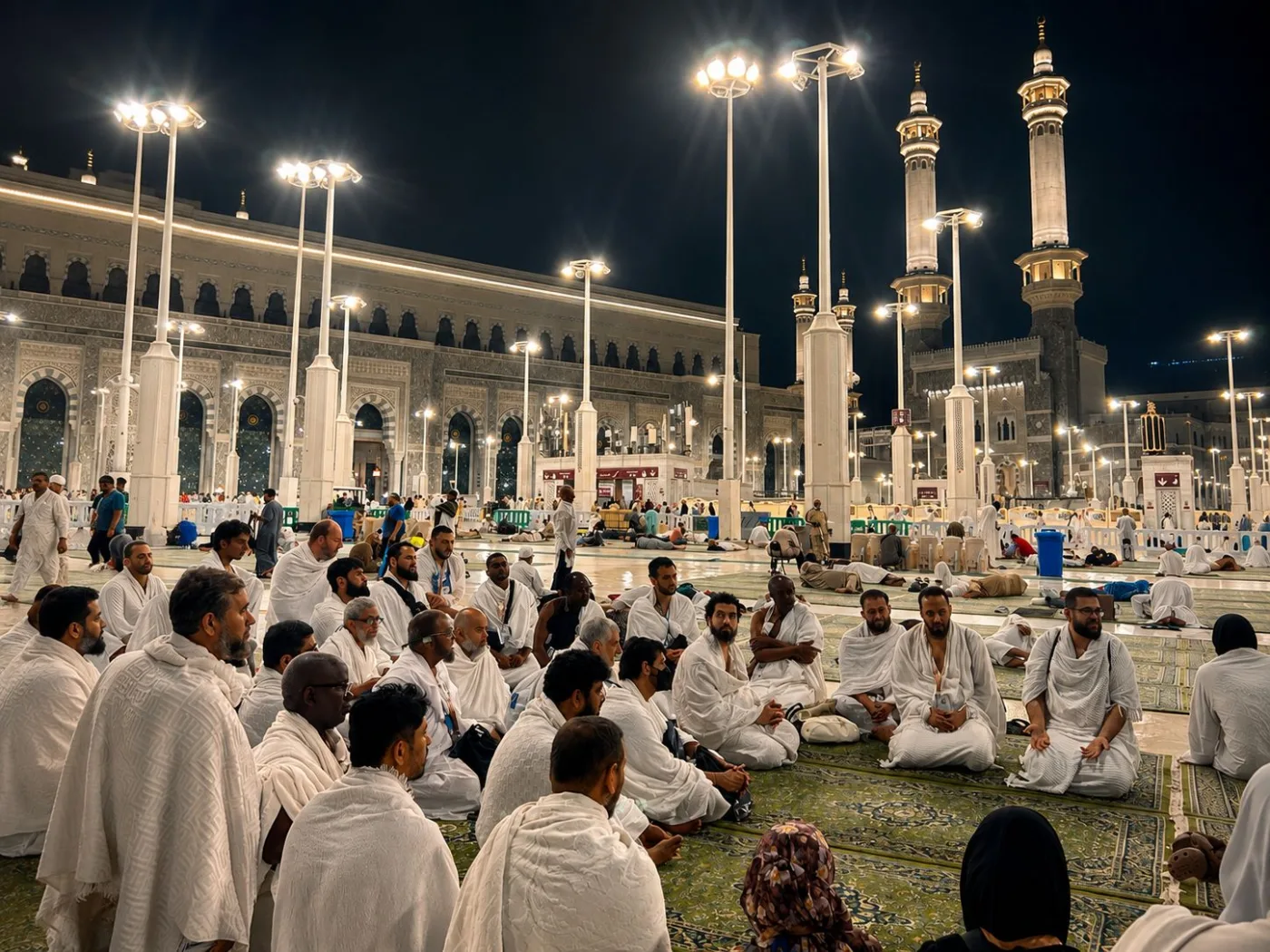 Gruppe von Pilgern im Ihram vor der Heiligen Moschee in Mekka