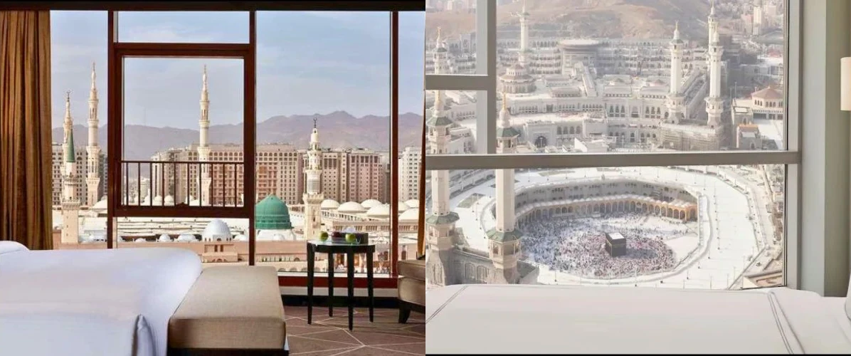 Hotelzimmer mit Blick auf die Prophetenmoschee in Medina und die Kaaba in Mekka