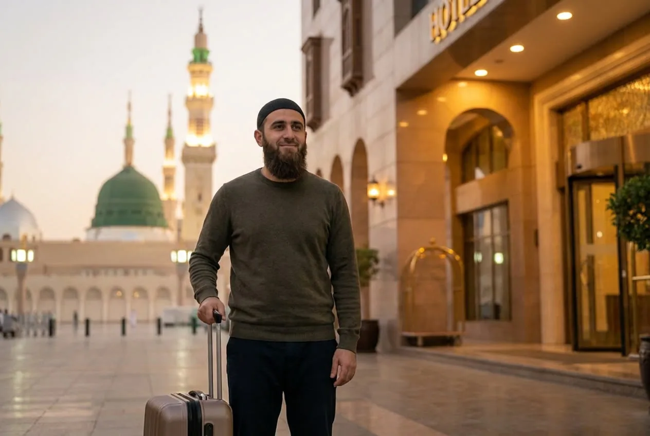 Mit umrax, angekommen, entspannt, an der Moschee