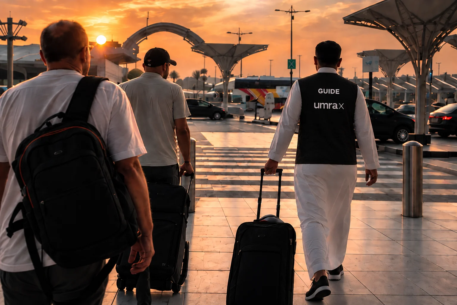 umrax-Guide holt zwei Reisende mit Gepäck am Flughafen ab