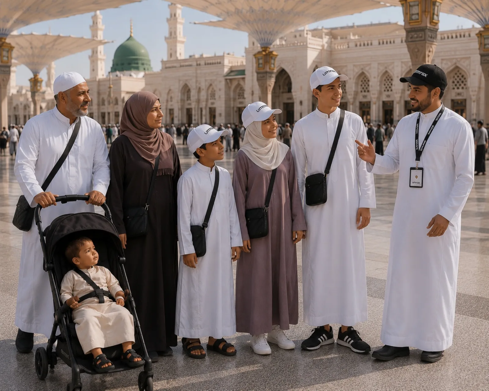 Begleitete Umrah-Tour: Reiseführer mit Familie vor der Prophetenmoschee in Medina