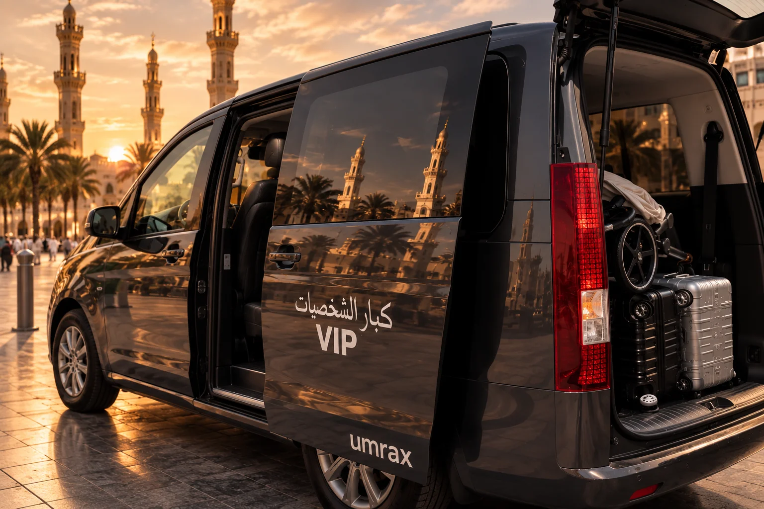 Privater umrax-VIP-Van mit offenem Kofferraum vor der Prophetenmoschee